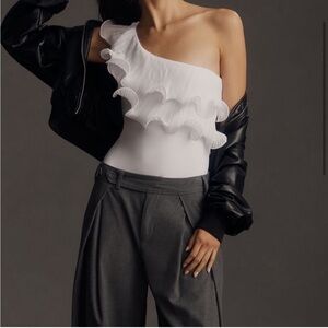 Anthropologie Pleated Ruffle Bodysuit White Bachelorette Bridal Sz L